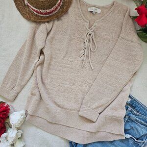 LOFT Beige Lace Up Knit Sweater Relaxed Fit Lightweight Size L